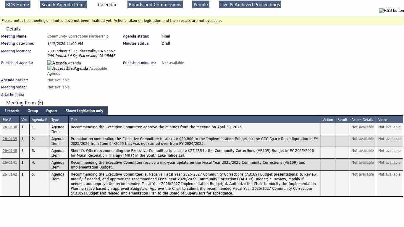 County of El Dorado - Meeting of Community Corrections Partnership on 1/12/2026 at 11:00 AM