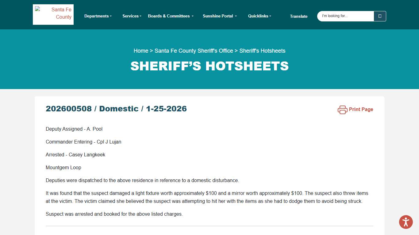 Sheriff’s Hotsheets Santa Fe County